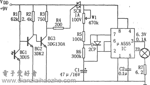 μA555与可控硅组成的低压光控闪光电路