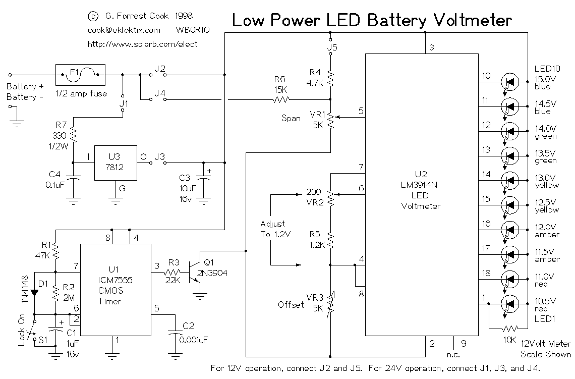 12和24伏电池低功率LED电压表