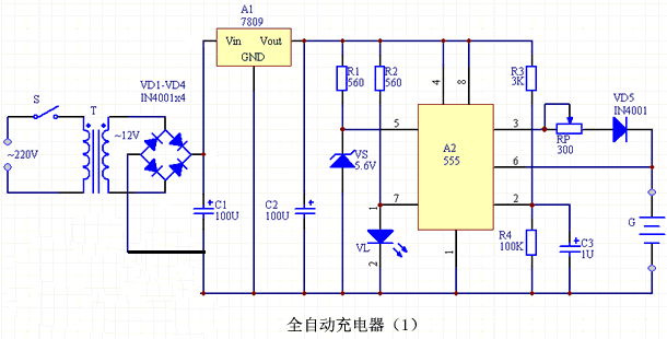 用555做的镍镉电池全自动充电器电路