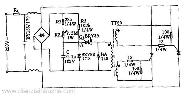 用两个单向晶闸管实现的交流调压电路
