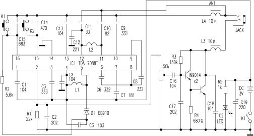 TDA7088T电调谐调频收音机电路图