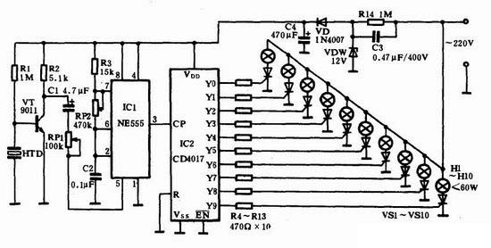 10路流水灯循环电路