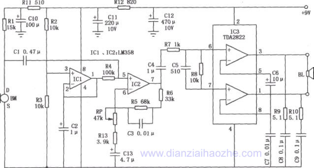 应用TDA2822的喊话器电路