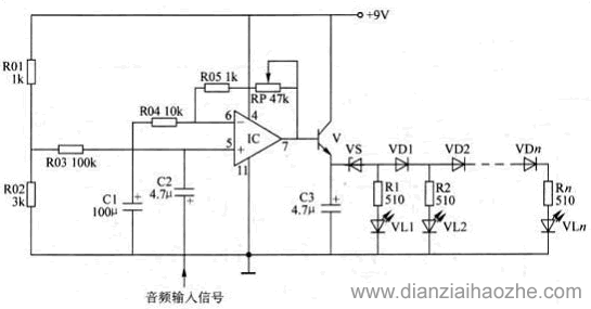 带有可调增益放大级的LED电平指示器