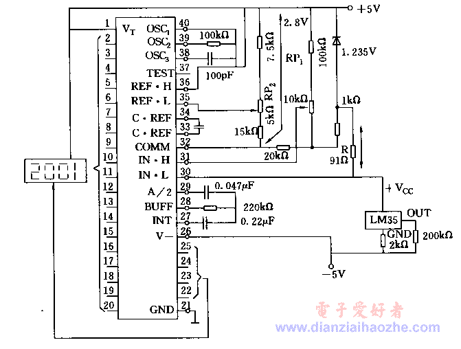 采用LM35和ICL7107构成的数字温度计电路