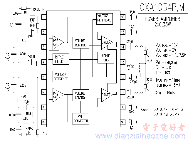 CXA1034P音频功放IC电路图