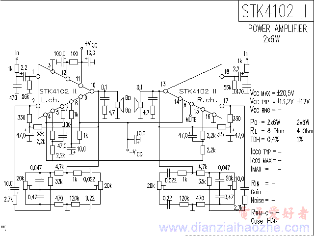 STK4102Ⅱ音频功放IC电路图