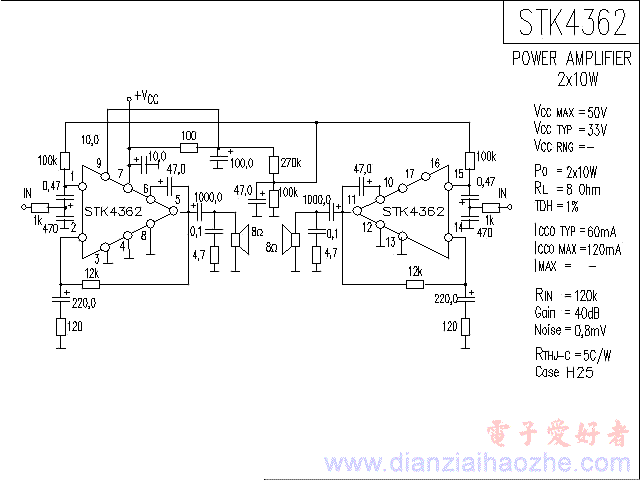 STK4362音频功放IC电路图