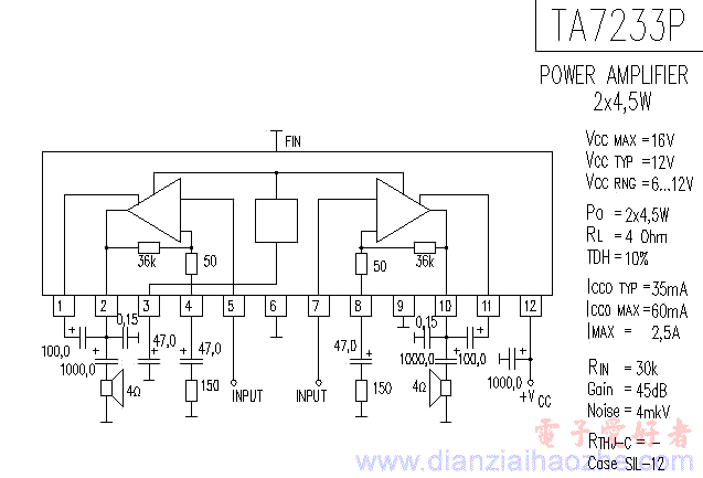 TA7233P音频功放IC电路图