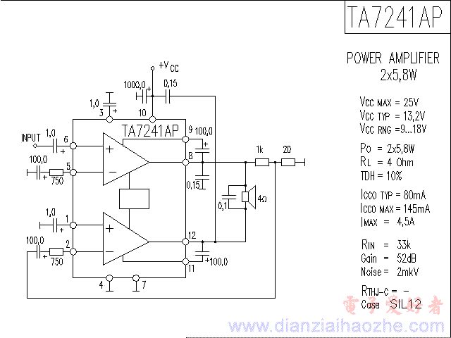 TA7241AP音频功放IC电路图