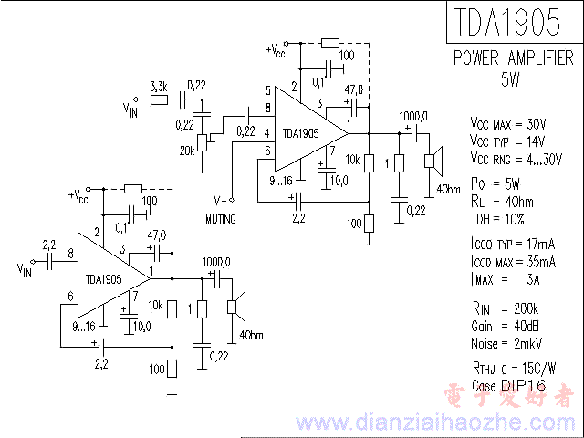 TDA1905音频功放IC电路图