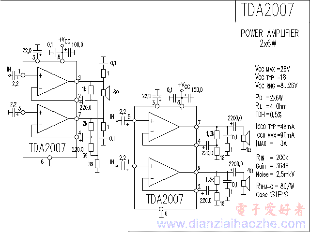 TDA2007音频功放IC电路图