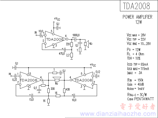 TDA2008音频功放IC电路图