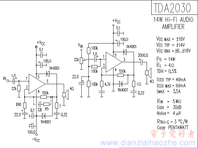 TDA2030音频功放IC电路图