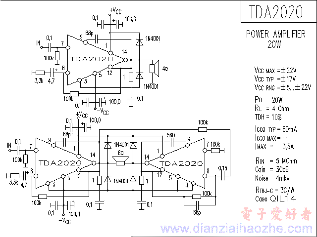 TDA2020音频功放IC电路图