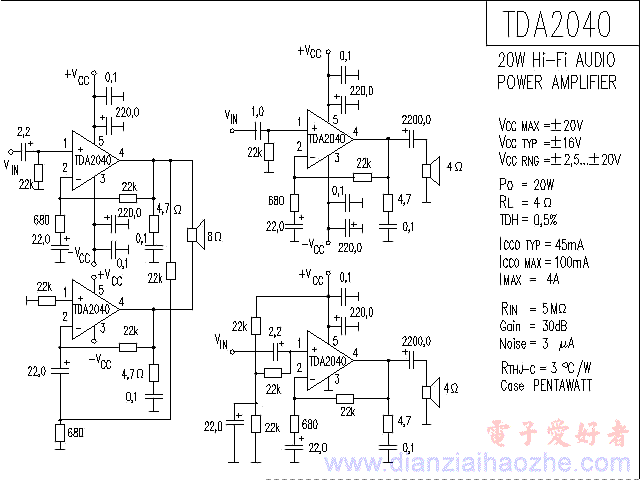 TDA2040音频功放IC电路图