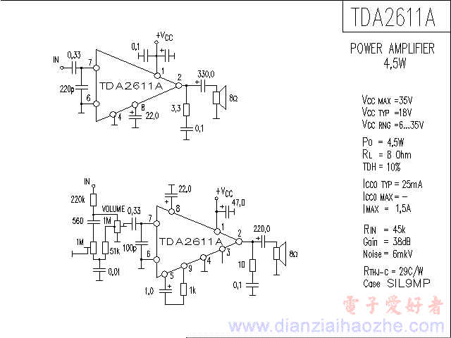TDA2611A音频功放IC电路图