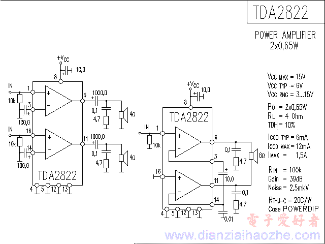 TDA2822音频功放IC电路图