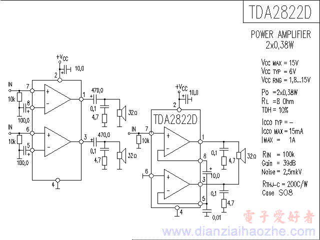 TDA2822D音频功放IC电路图