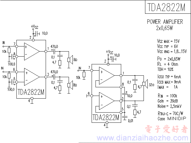 TDA2822M音频功放IC电路图