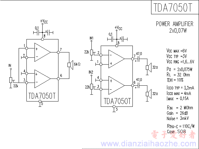 TDA7050T音频功放IC电路图