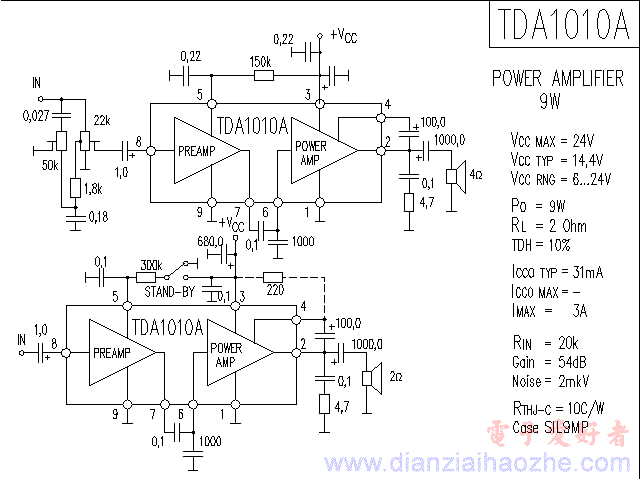 TDA1010A音频功放IC电路图