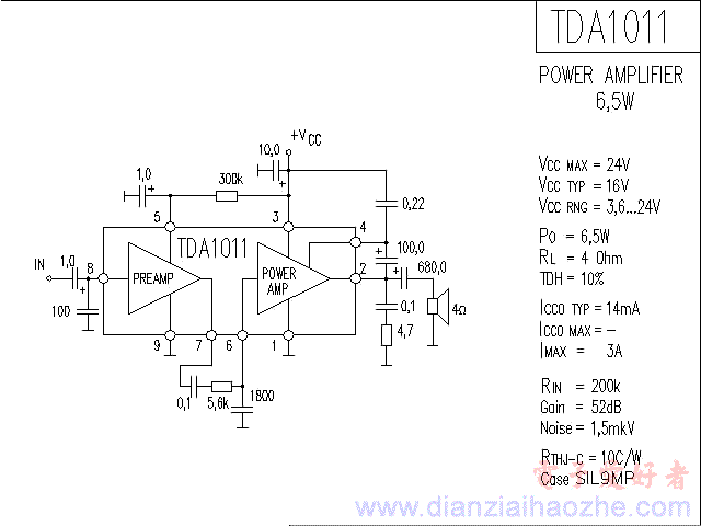 TDA1011音频功放IC电路图