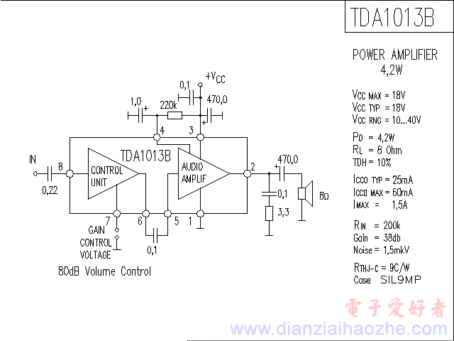 TDA1013B音频功放IC电路图
