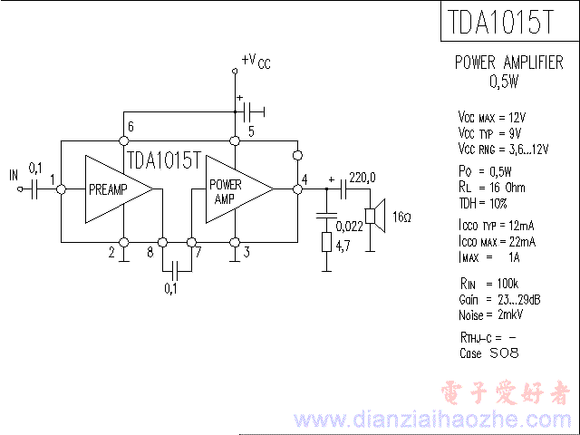 TDA1015T音频功放IC电路图