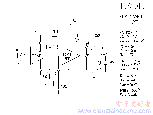 TDA1015音频功放IC电路图