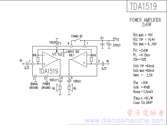 TDA1519音频功放IC电路图
