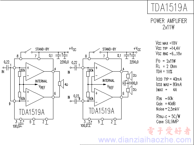 TDA1519A音频功放IC电路图