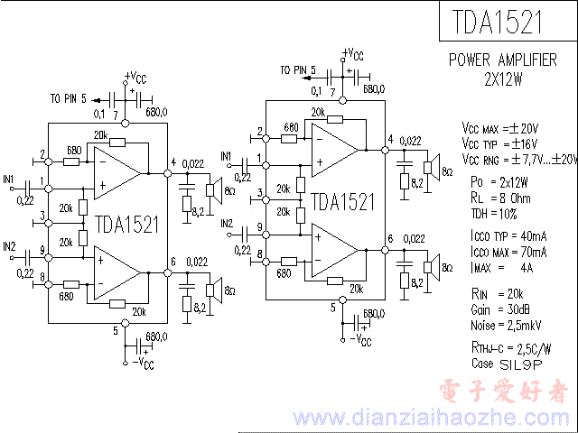 TDA1521音频功放IC电路图