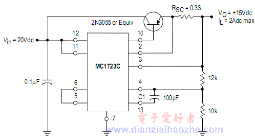 MC1723C加接扩流晶体管的典型应用电路
