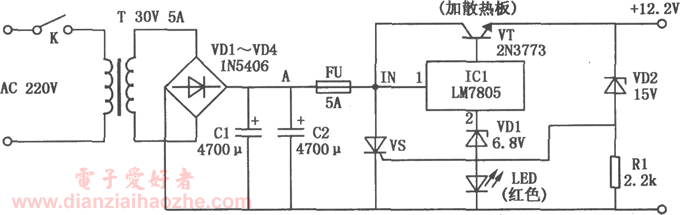 带熔断式过压保护的12V/5A稳压电源电路