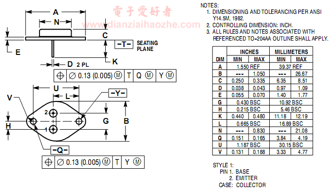 2N3773/2N6609对管外形参考尺寸、管脚极性