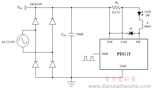 PT4115 LED恒流驱动器典型应用电路