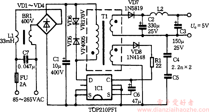 TOP210组成的5V开关电源