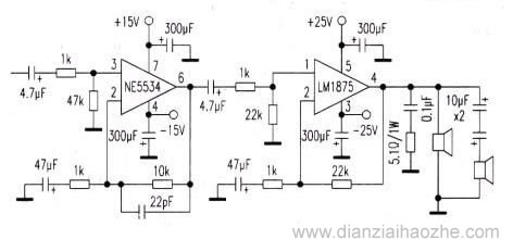 NE5534+LM1875构成的20W高保真功放电路