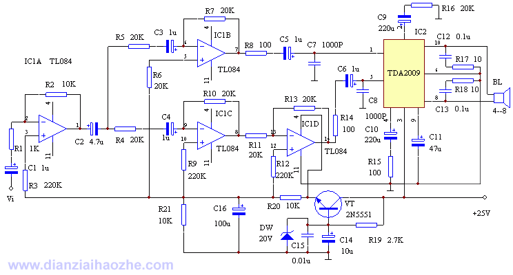 通用性好的BTL功率放大电路(TL084+TDA2009)