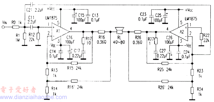 LM1875 BTL放大电路
