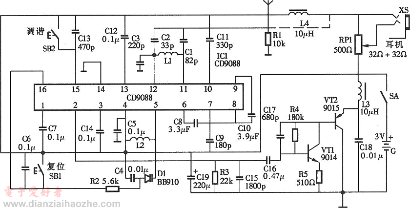 CD9088单片电调谐收音机电路图