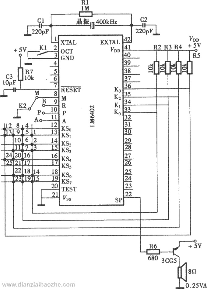 采用LM6402集成电路的25键电子琴电路图
