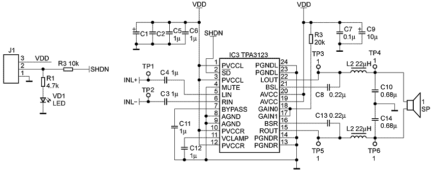 用D类功放集成电路TPA3123制作BTL形式放大器