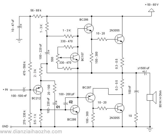 分立元件2N3055音频功率放大器