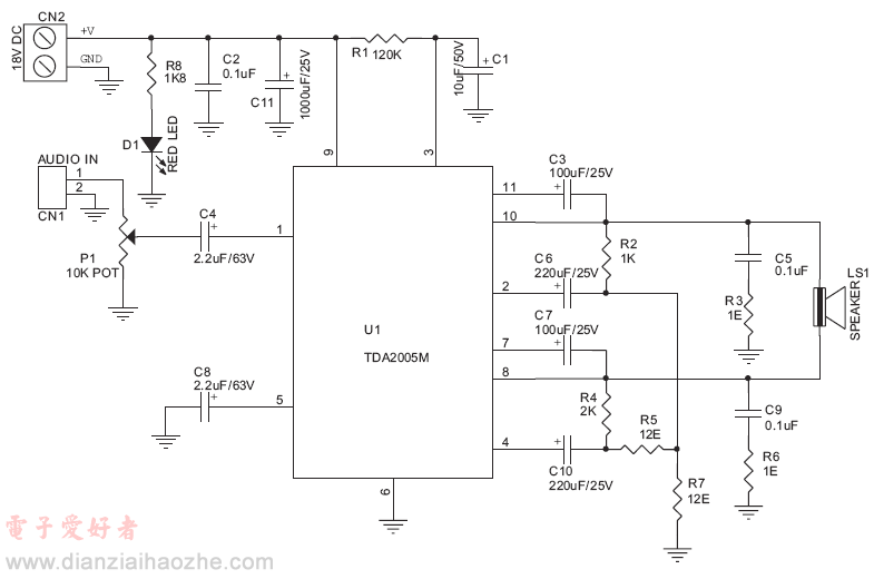 20W BTL桥式音频功率放大器（TDA2005）