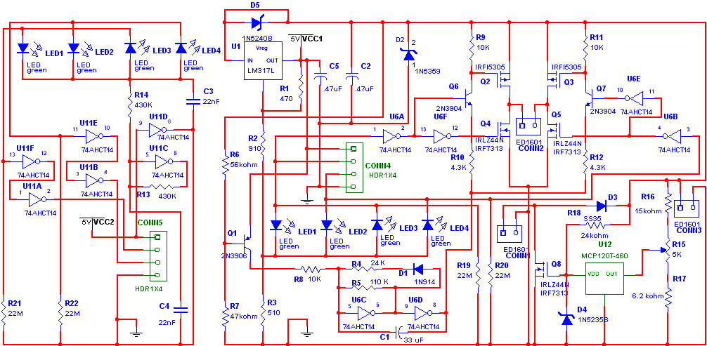 LED感应电子追踪器与简单的太阳能充放电控制器电路原理图