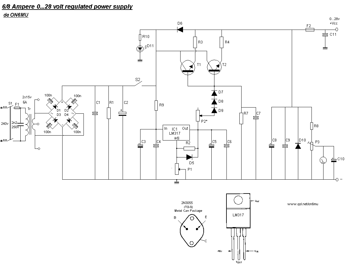 0-28V 6-8A电源供应器（LM317，2N3055）