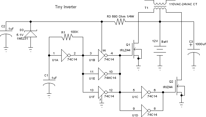 电源逆变器，采用74HC14构建方波振荡器