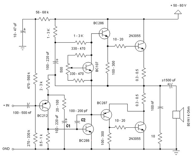 2N3055 60W音频功率放大器电路